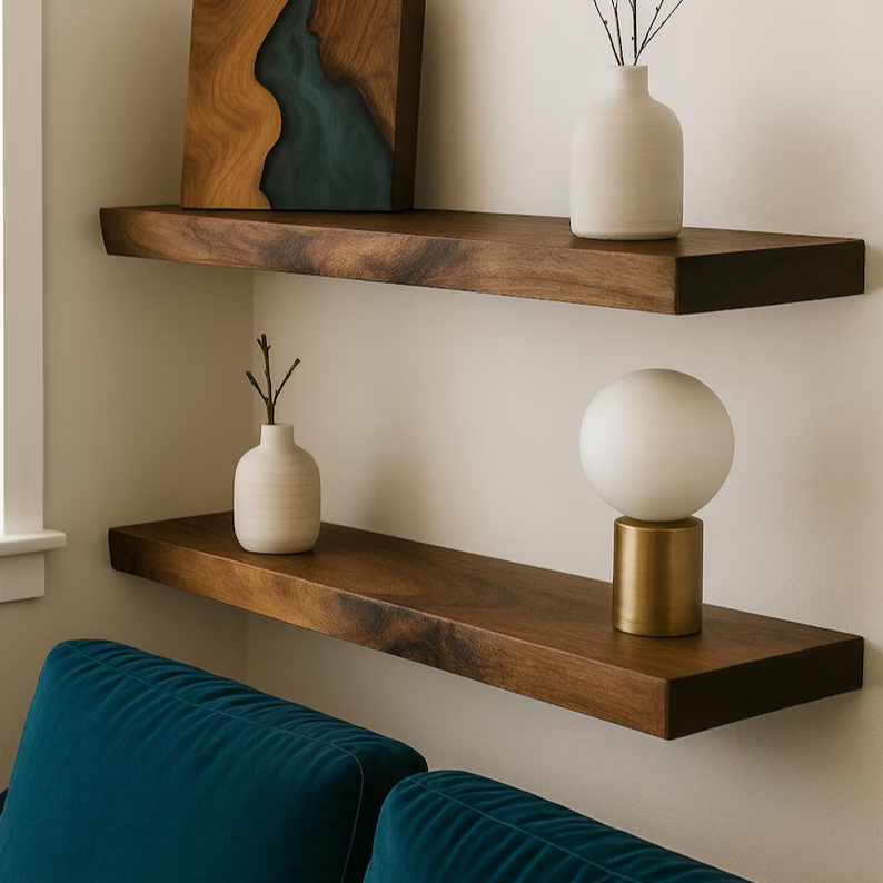 Solid Wood Floating Shelf, Live Edge Wall Shelf, Rustic Oak or Walnut Shelf, Handmade Wall Mounted Storage Shelf, Wooden Home Decor
