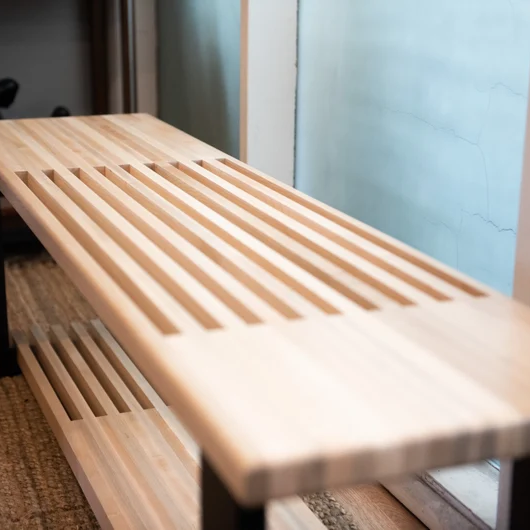 36-60 Maple Entryway Bench with Shoe Rack – Slatted Modern Design – Solid Wood – Mid Century Inspired