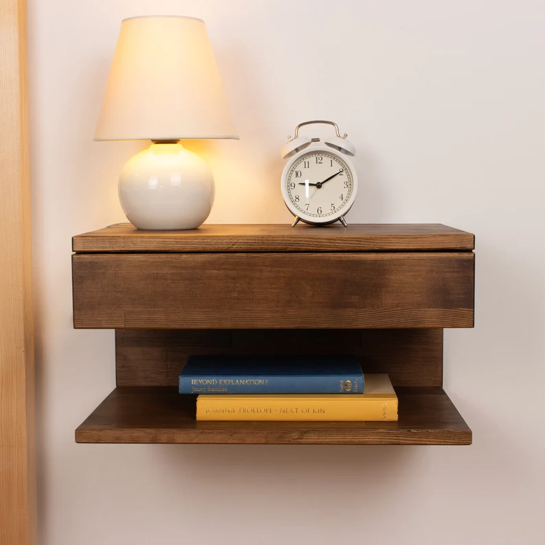 Walnut Colored Floating Nightstand | Wood Bedside Shelf | Floating Nightstand with Drawer for Bedroom Handmade Floating Table Gift for Home
