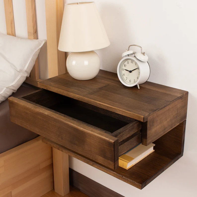 Walnut Colored Floating Nightstand | Wood Bedside Shelf | Floating Nightstand with Drawer for Bedroom Handmade Floating Table Gift for Home
