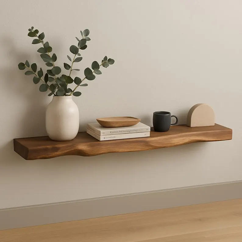 Solid Wood Floating Shelf, Live Edge Wall Shelf, Rustic Oak or Walnut Shelf, Handmade Wall Mounted Storage Shelf, Wooden Home Decor