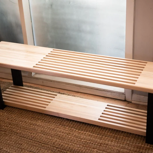 36-60 Maple Entryway Bench with Shoe Rack – Slatted Modern Design – Solid Wood – Mid Century Inspired